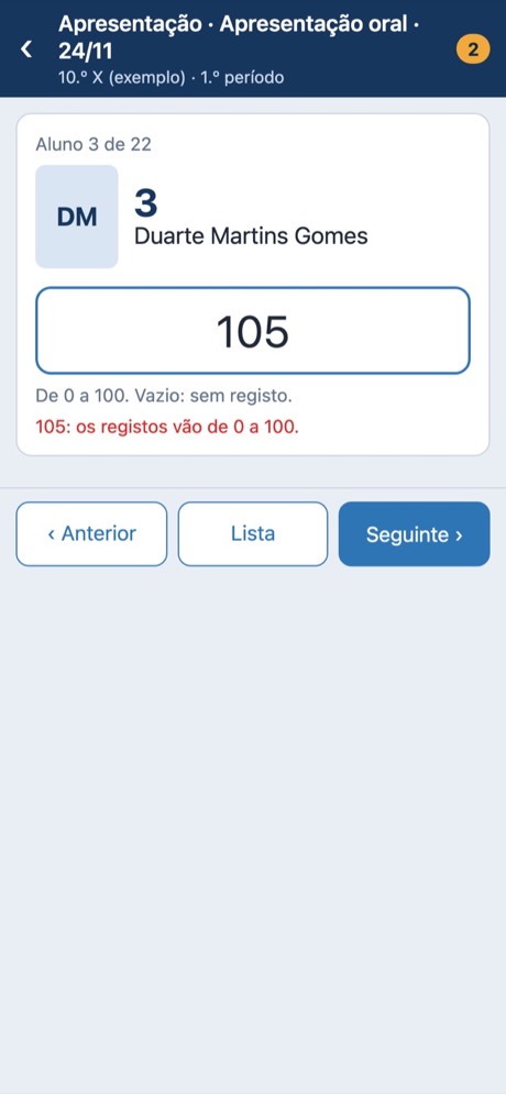 Móvil: registro de un valor alumno a alumno.