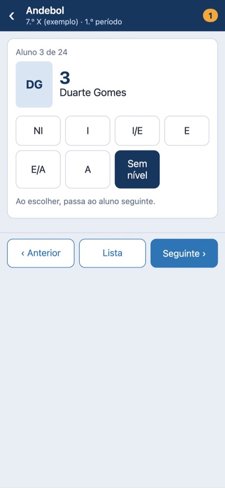 Registro rápido en el móvil: elección del nivel de un alumno en Balonmano.